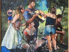 0078. Shady Grove. 38" x 34" (2006) A gathering of people in a park. One man is playing a guitar. Includes surrounding wood frame. A gathering of people in a park. One man is playing a guitar. Includes surrounding wood frame.