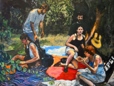 0079. Shady Grove II. 48" x 40" (2006) Musicians gathering on colorful blankets in a park. Musicians gathering on colorful blankets in a park.