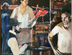 0082. The Rehearsal. 36" x 46" (c. 1990) Features figures across time, including the artist, his son Paul, his friend Herk Harvey, and Toulouse-Lautrec. Includes surrounding wood frame. Features figures across time, including the artist, his son Paul, his friend Herk Harvey, and Toulouse-Lautrec. Includes surrounding wood frame.