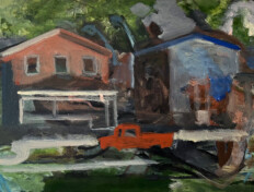 0083. Untitled. 48" x 24" (Undated) Abstract impressions of a farmhouse, barn, and pickup truck. Abstract impressions of a farmhouse, barn, and pickup truck.