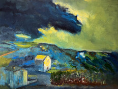 0084. Storm. 40" x 30" (2009) Intense blues and greens depict an approaching storm over a farmhouse, barn, and cornfield. Intense blues and greens depict an approaching storm over a farmhouse, barn, and cornfield.