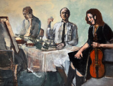 0085. The Green Room. 40" x 30" (2008) Three figures seated at a table. Working from photos of the artist, including himself and old friends Robert Anzelowitz (Bob Anzell) and Marta Curro, shown here as a musician instead, with a violin. Three figures seated at a table. Working from photos of the artist, including himself and old friends Robert Anzelowitz (Bob Anzell) and Marta Curro, shown here as a musician instead, with a violin.