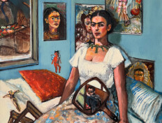 0086. Frida and Diego. 30" x 40" (2006) Portrait of the artist Frida Kahlo posing for Diego Rivera, who can be seen in the reflection of a hand mirror painting her. Portrait of the artist Frida Kahlo posing for Diego Rivera, who can be seen in the reflection of a hand mirror painting her.