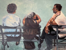0087. Hooker's Green #1. 40" x 30" (2008) Three figures sitting on benches in a park, having a conversation. Three figures sitting on benches in a park, having a conversation.