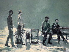 0088. Hooker's Green #3. 40" x 30" (2008) Four figures with a dog in a park. Gray-green tones. Four figures with a dog in a park. Gray-green tones.