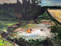 0089. The Cow's Altar. 40" x 30" (2009) A lone cow sits by a tree stump in a pasture. A lone cow sits by a tree stump in a pasture.