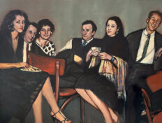 0091. Six Actors in a Roumanian Restaurant. 40" x 30" (2008) Taken from the artist's photos in the late 1950s and early 1960s of actor-friends, including Robert Anzelowitz (Bob Anzell) and Marta Curro. Taken at Bob's restaurant called Moskowitz and Lupowitz on Second Ave. and Second St. in New York City. Taken from the artist's photos in the late 1950s and early 1960s of actor-friends, including Robert Anzelowitz (Bob Anzell) and Marta Curro. Taken at Bob's restaurant called Moskowitz and Lupowitz on Second Ave. and Second St. in New York City.